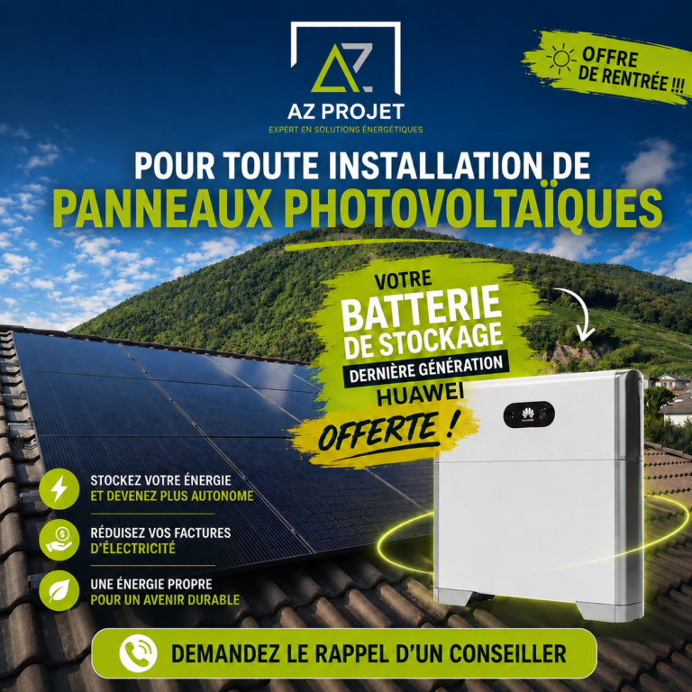 Publicité AZ Projet : batterie de stockage Huawei offerte pour installation de panneaux photovoltaïques