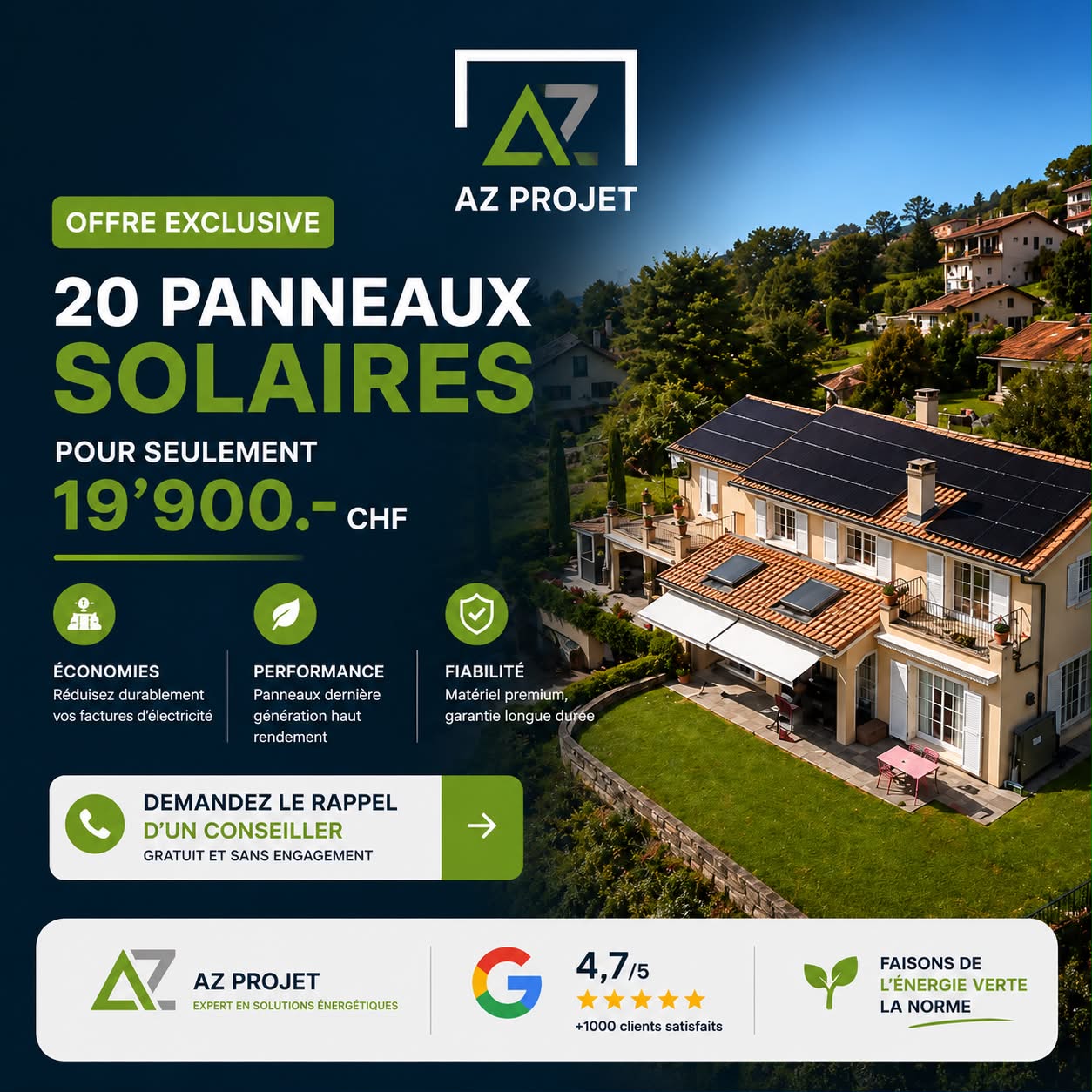 Publicité AZ Projet : 20 panneaux solaires pour CHF 19'900.-